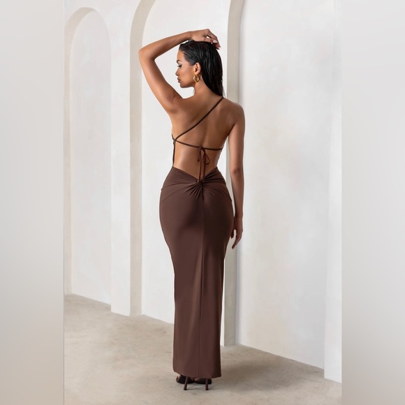 Club L London Chocolate brown one shoulder maxi dress with open back detail - Picture 2 of 9